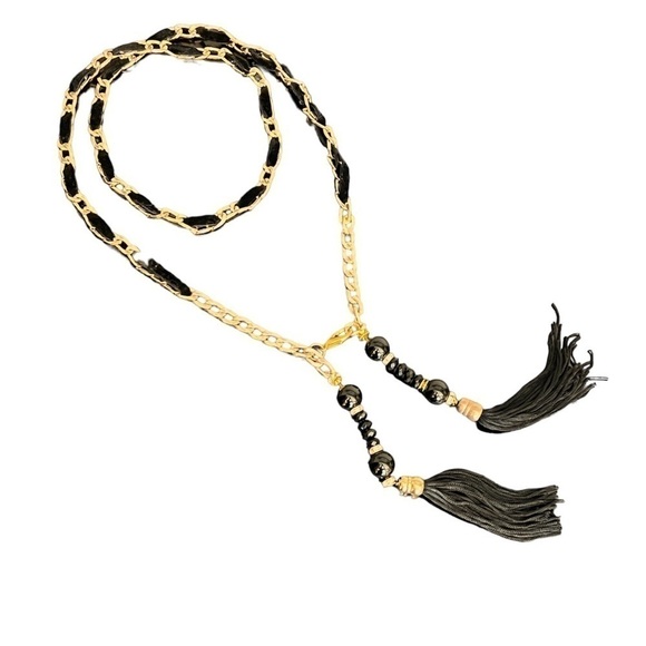 Retro chain belt with beads and tassles accents, black and gold tone - Picture 2 of 9